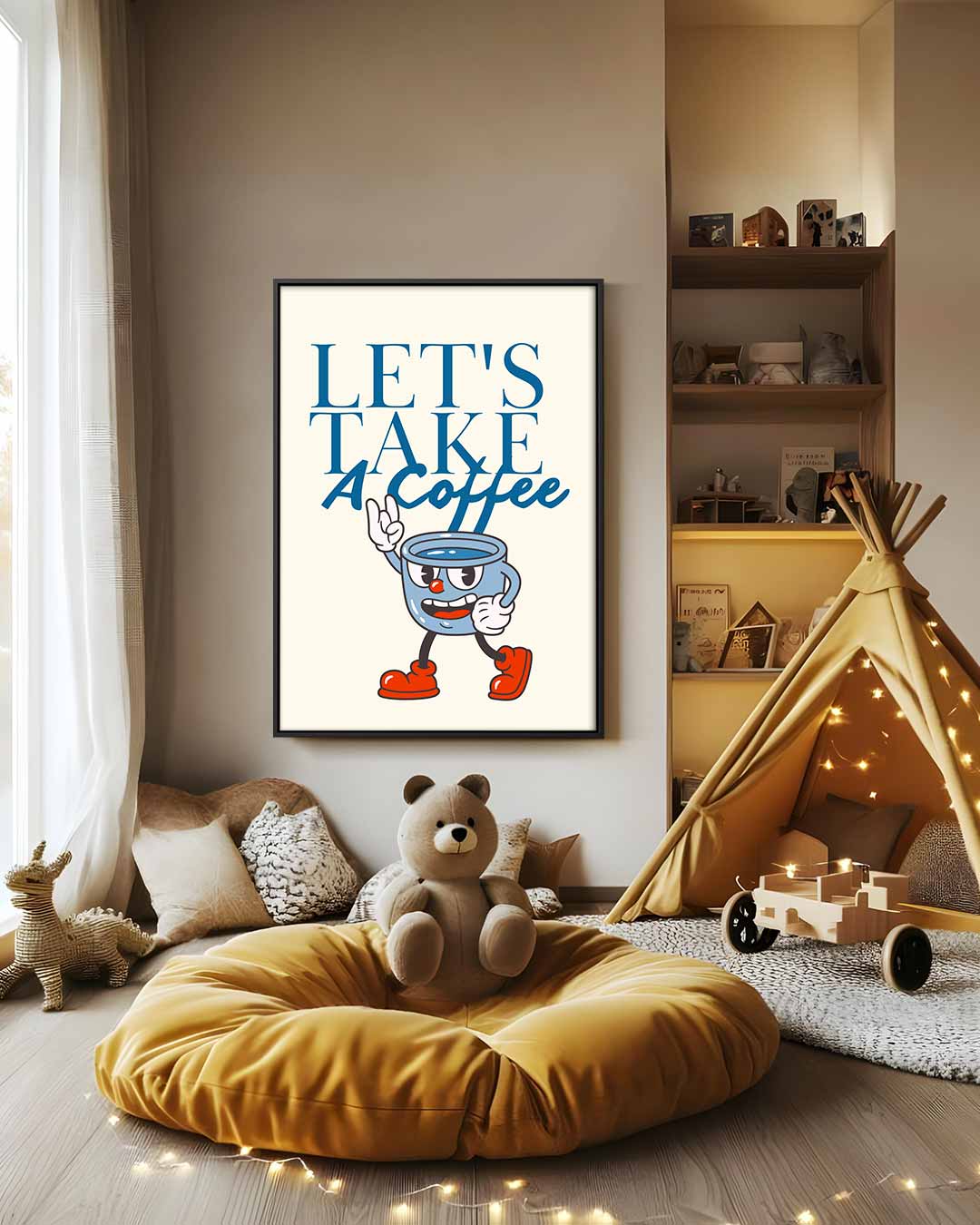 Vrolijke Koffie Mok Illustratie Kunstwerk-canvas-dibond-plexiglas-wanddecoratie-WallArtistic