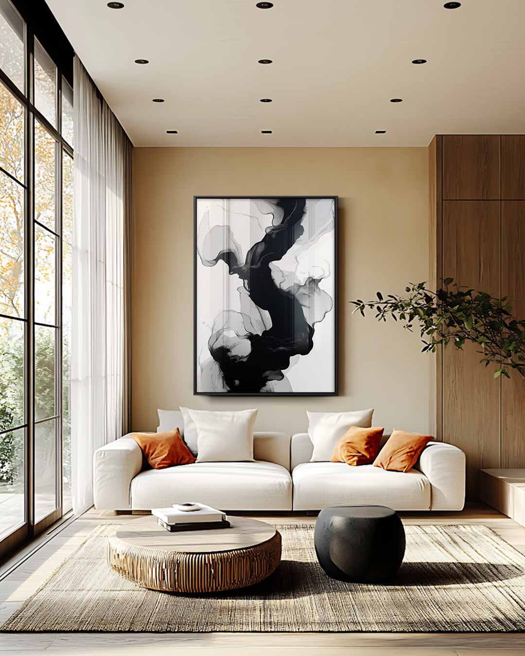 Golvende Zwart-Witte Abstractie Kunstwerk-canvas-dibond-plexiglas-wanddecoratie-WallArtistic