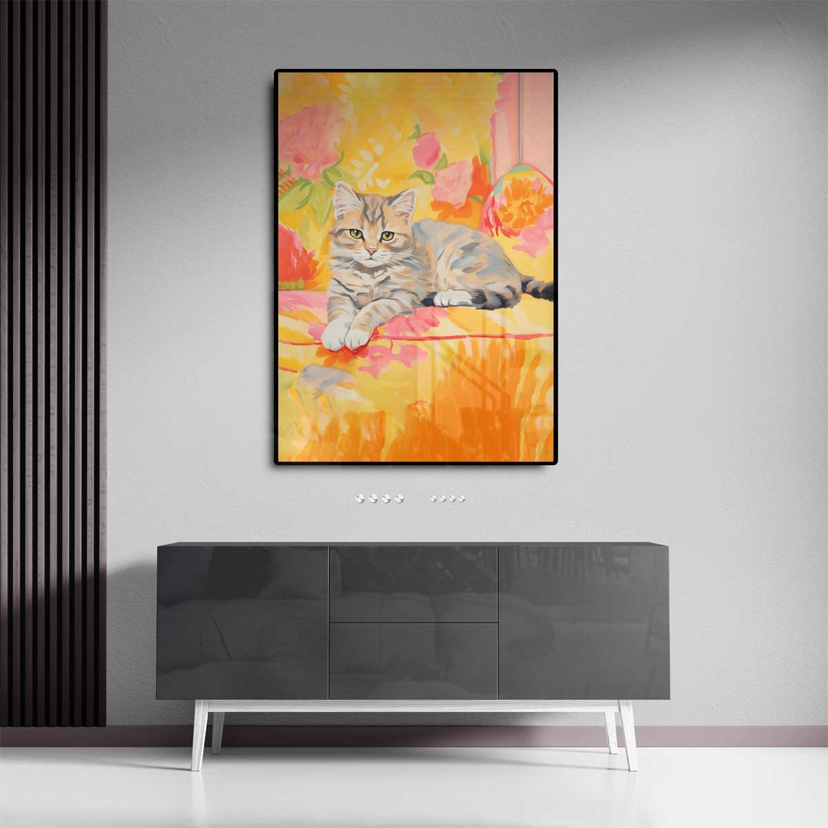 Zomerse Kat in Bloemen Kunstwerk-canvas-dibond-plexiglas-wanddecoratie-WallArtistic