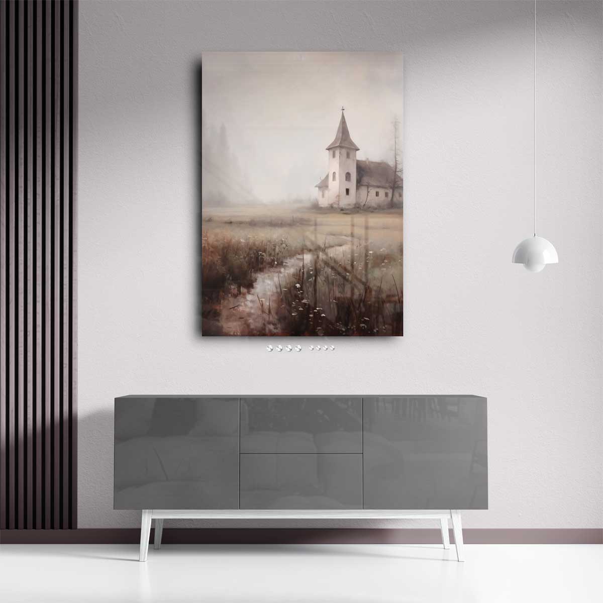 Mystieke Morgen aan de Kapel Kunstwerk-canvas-dibond-plexiglas-wanddecoratie-WallArtistic