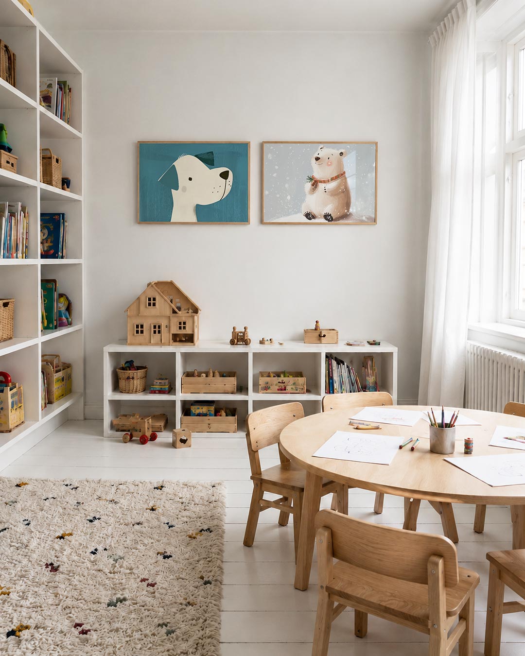 Interieurpresentatie van twee posters met een speelse compositie met een hond in profiel