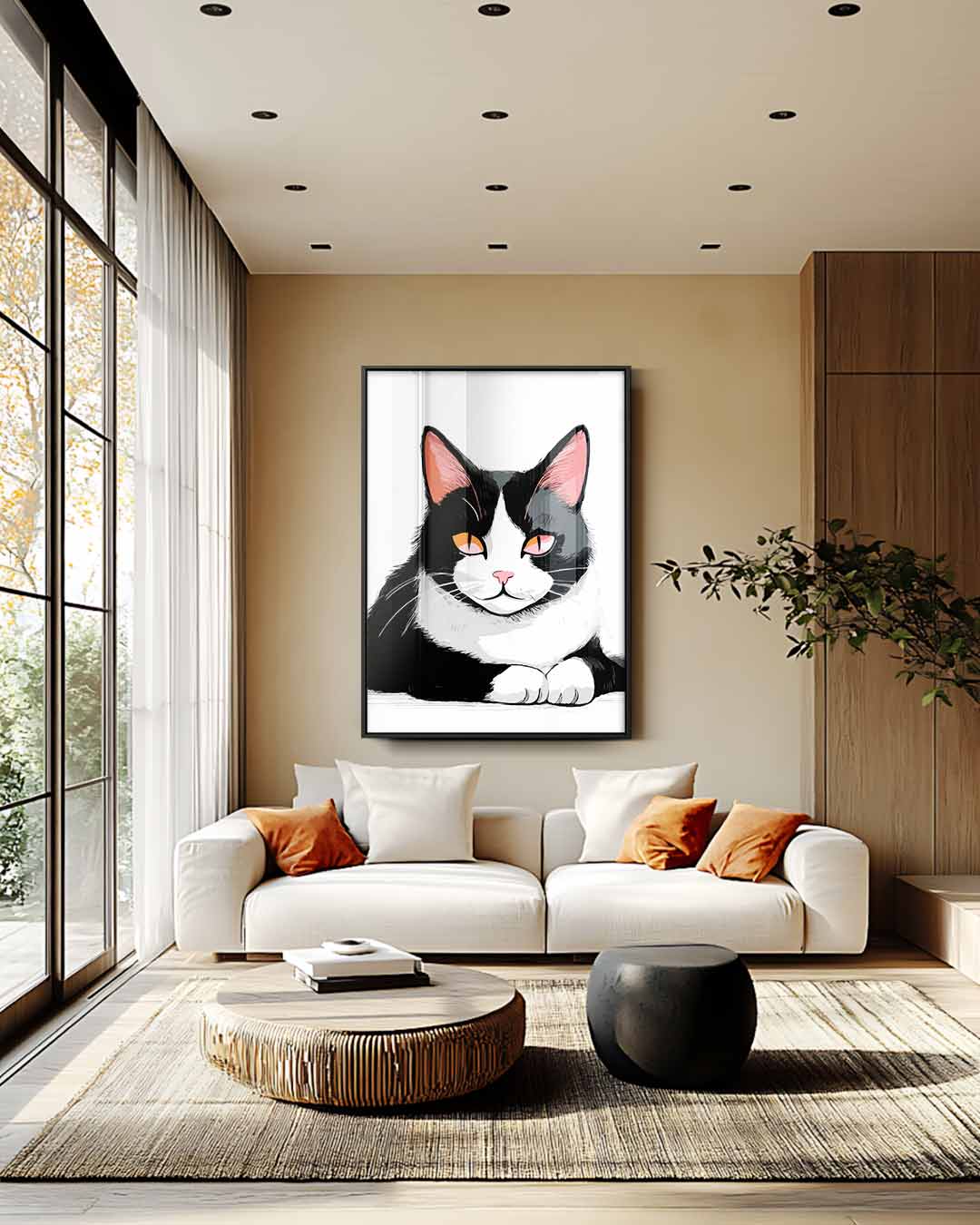 Relaxte Kat in Stijlvolle Zwart-Wit Illustratie Kunstwerk-canvas-dibond-plexiglas-wanddecoratie-WallArtistic
