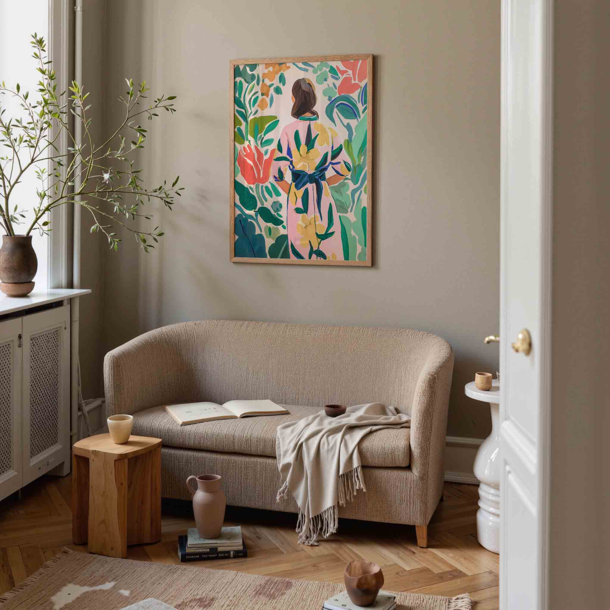Vrouw in bloemenjurk Poster