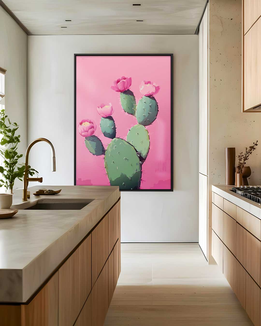 Bloeiende Cactus op Roze Kunstwerk-canvas-dibond-plexiglas-wanddecoratie-WallArtistic
