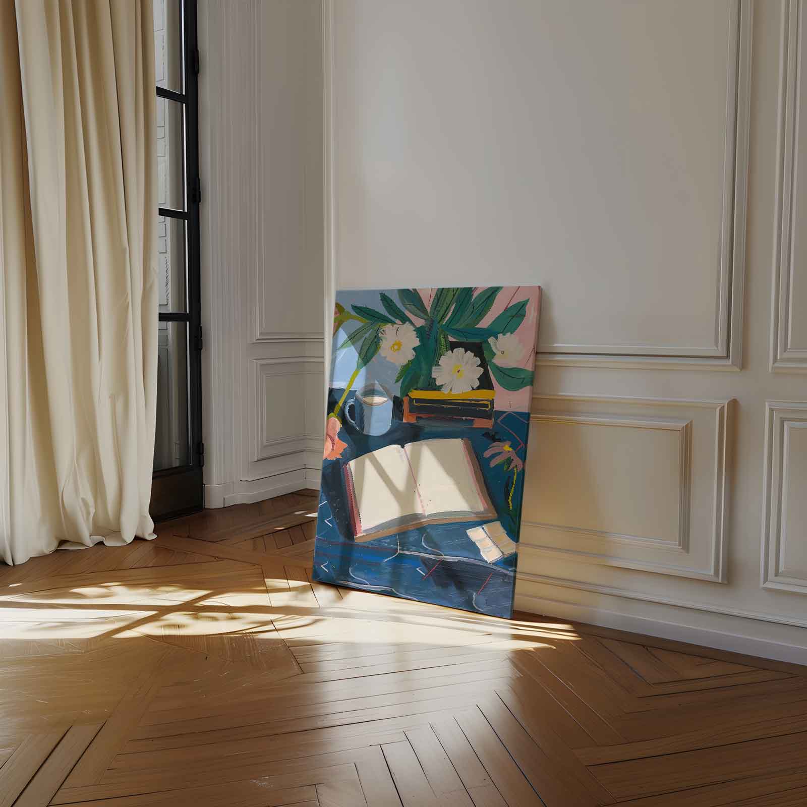 Stilleven met Bloemen en Boek Kunstwerk-canvas-dibond-plexiglas-wanddecoratie-WallArtistic