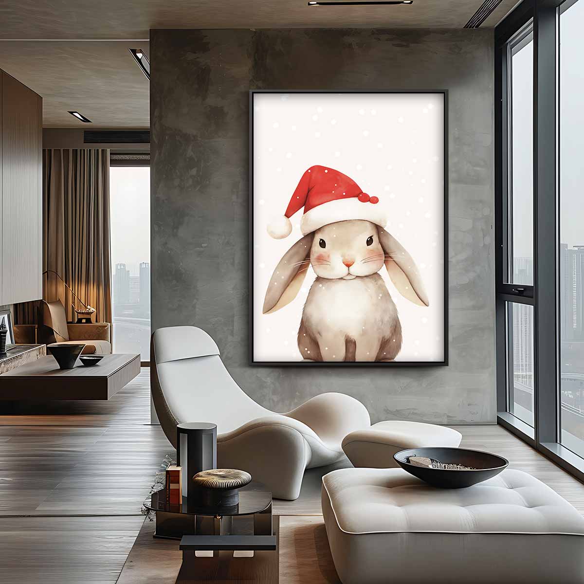 Kerstkonijn met Rood Mutsje Kunstwerk-canvas-dibond-plexiglas-wanddecoratie-WallArtistic