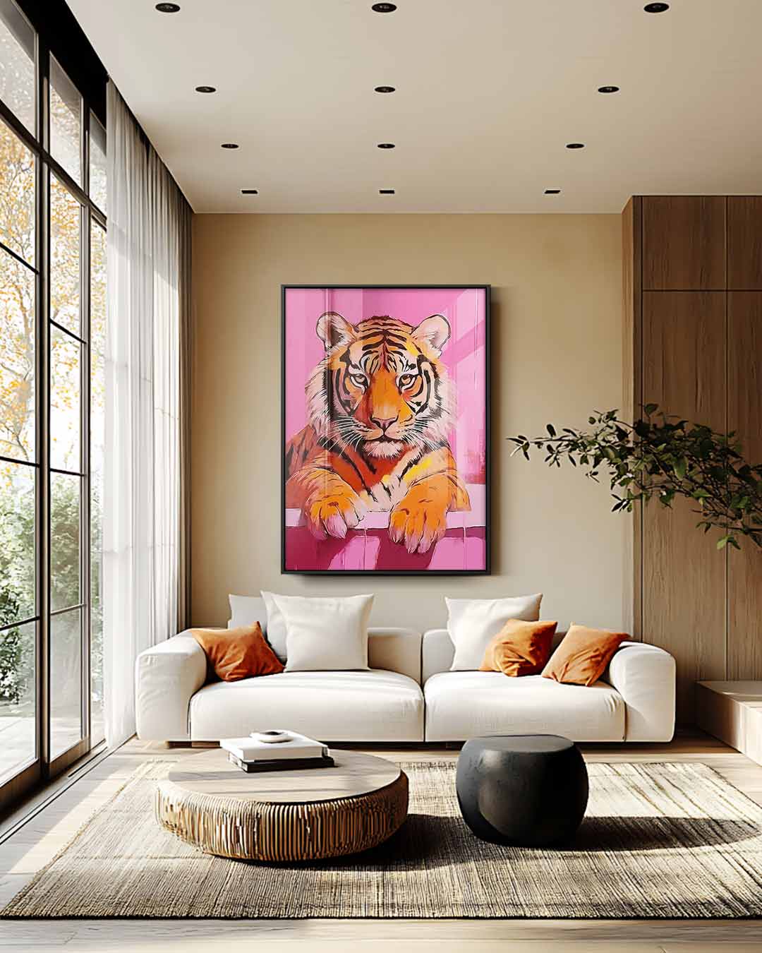 Badende Tijger op Roze Achtergrond Kunstwerk-canvas-dibond-plexiglas-wanddecoratie-WallArtistic