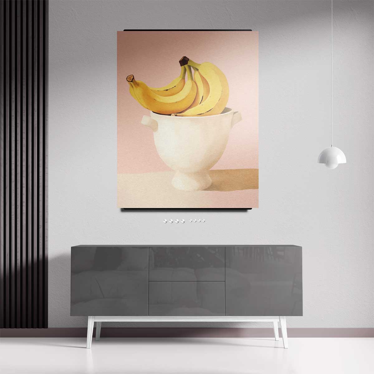 Bananen in een Witte Kom op Roze Achtergrond Kunstwerk-canvas-dibond-plexiglas-wanddecoratie-WallArtistic