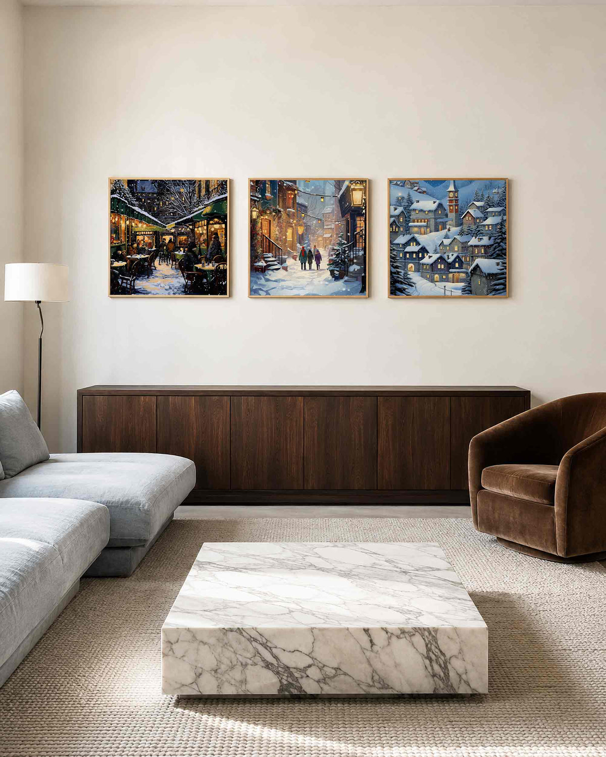 Interieurpresentatie van een driedelige vierkante posterset met besneeuwde dorpen