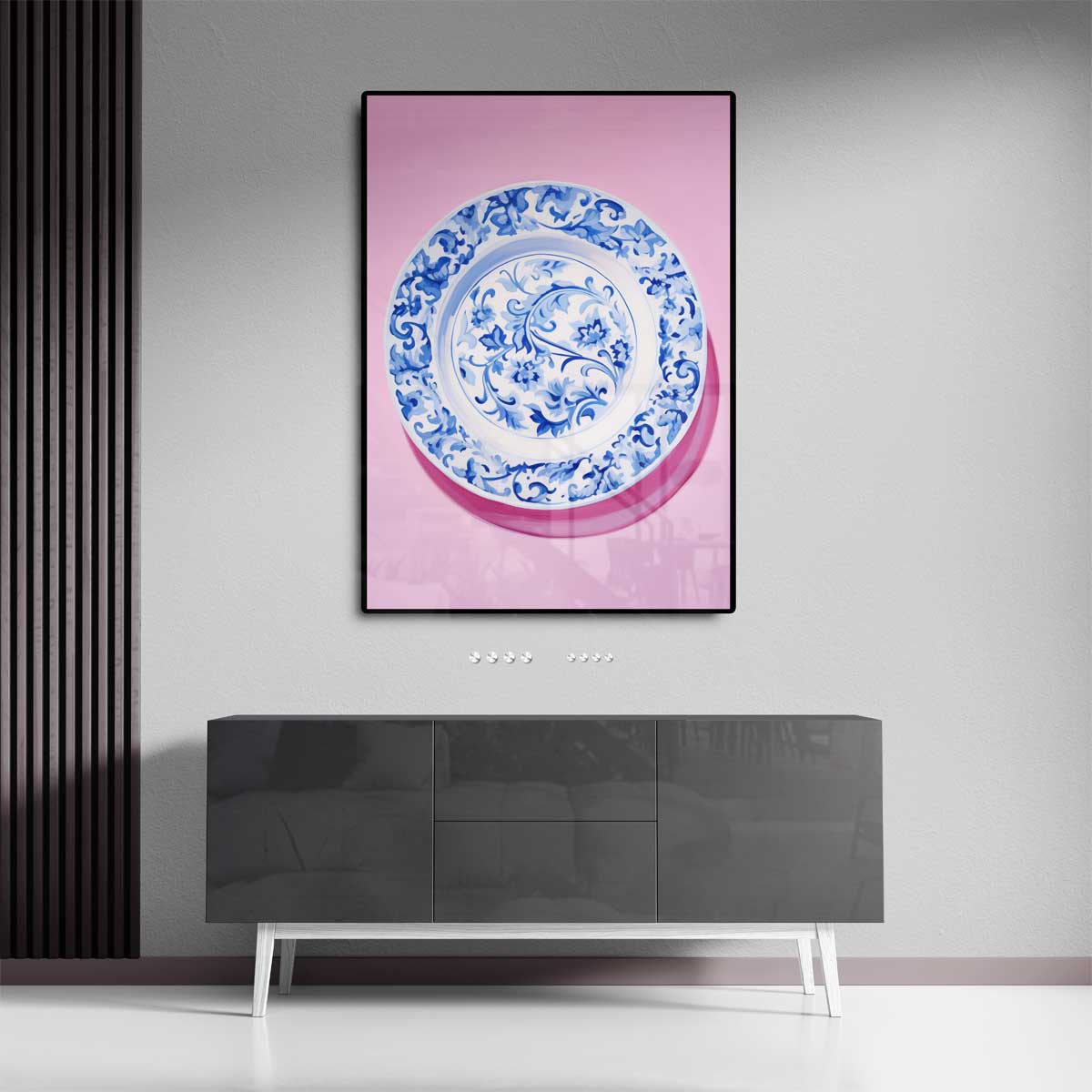 Blauwe Bloemenpracht op Roze Kunstwerk-canvas-dibond-plexiglas-wanddecoratie-WallArtistic