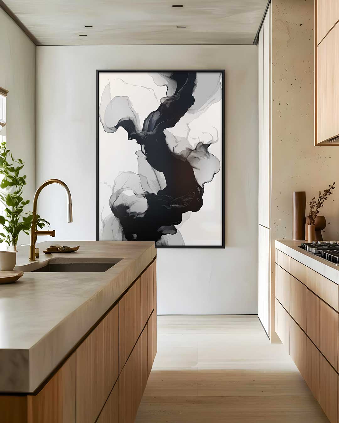 Golvende Zwart-Witte Abstractie Kunstwerk-canvas-dibond-plexiglas-wanddecoratie-WallArtistic