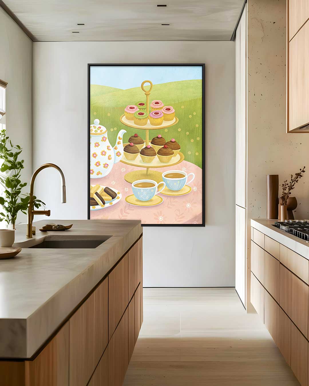 Sfeervolle Theemiddag Illustratie Kunstwerk-canvas-dibond-plexiglas-wanddecoratie-WallArtistic