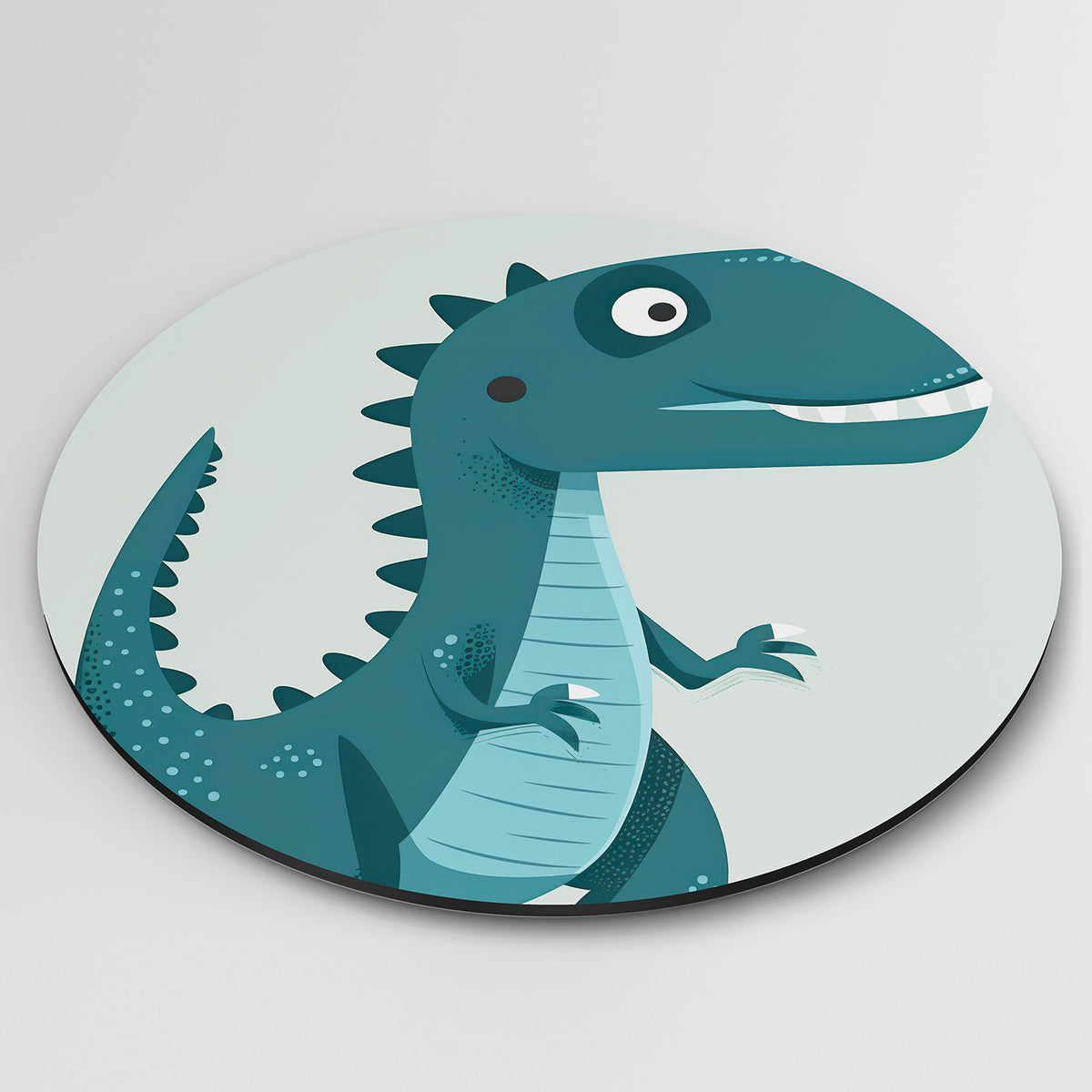 Dinosaurus illustratie Muurcirkel – detailweergave – Een dinosaurus met een blauwe tint en witte accenten.