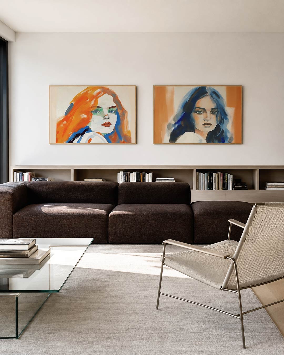 Twee liggende posters met een expressief gezicht met levendige oranje en blauwe penseelstreken, aan de muur in een interieur