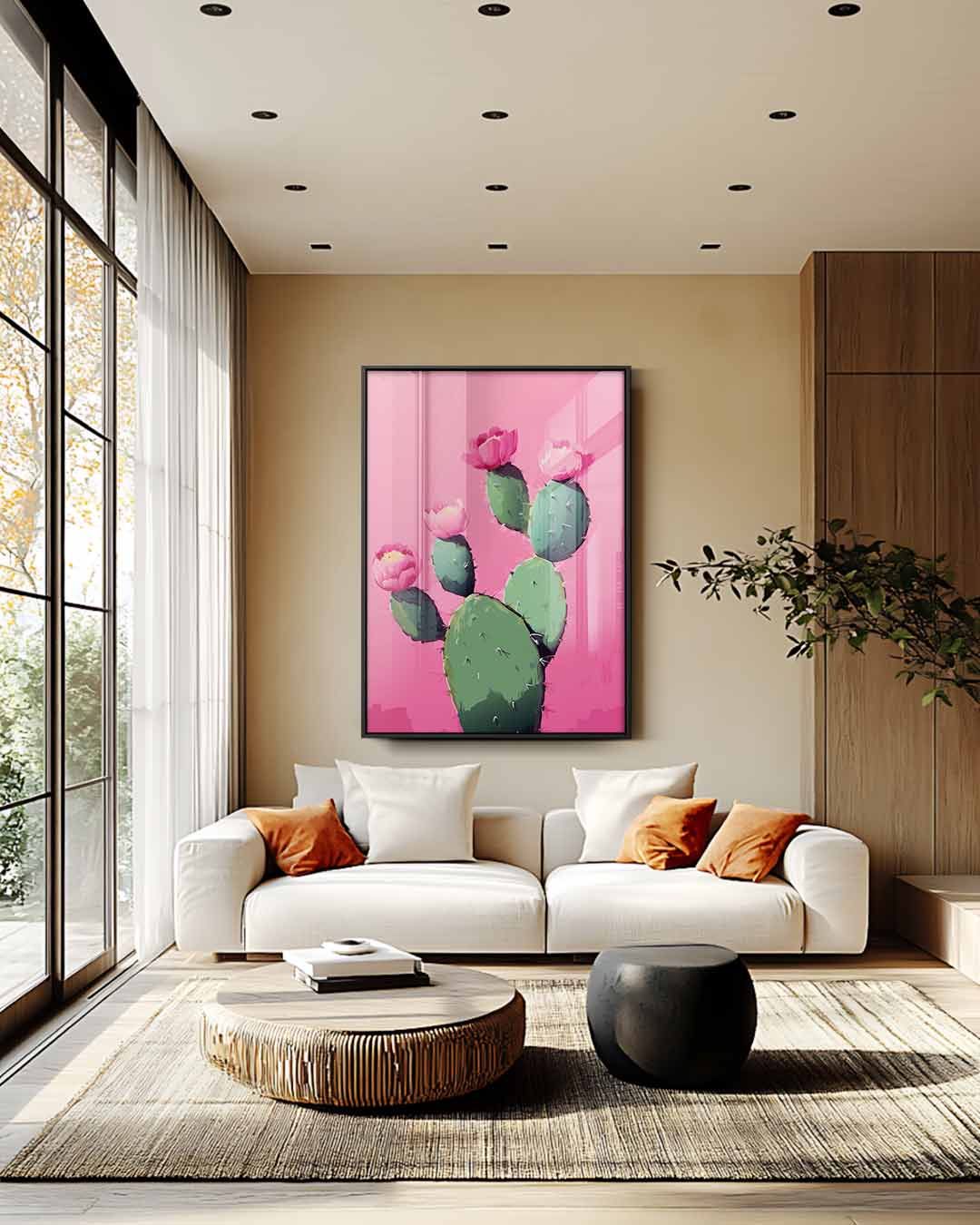 Bloeiende Cactus op Roze Kunstwerk-canvas-dibond-plexiglas-wanddecoratie-WallArtistic
