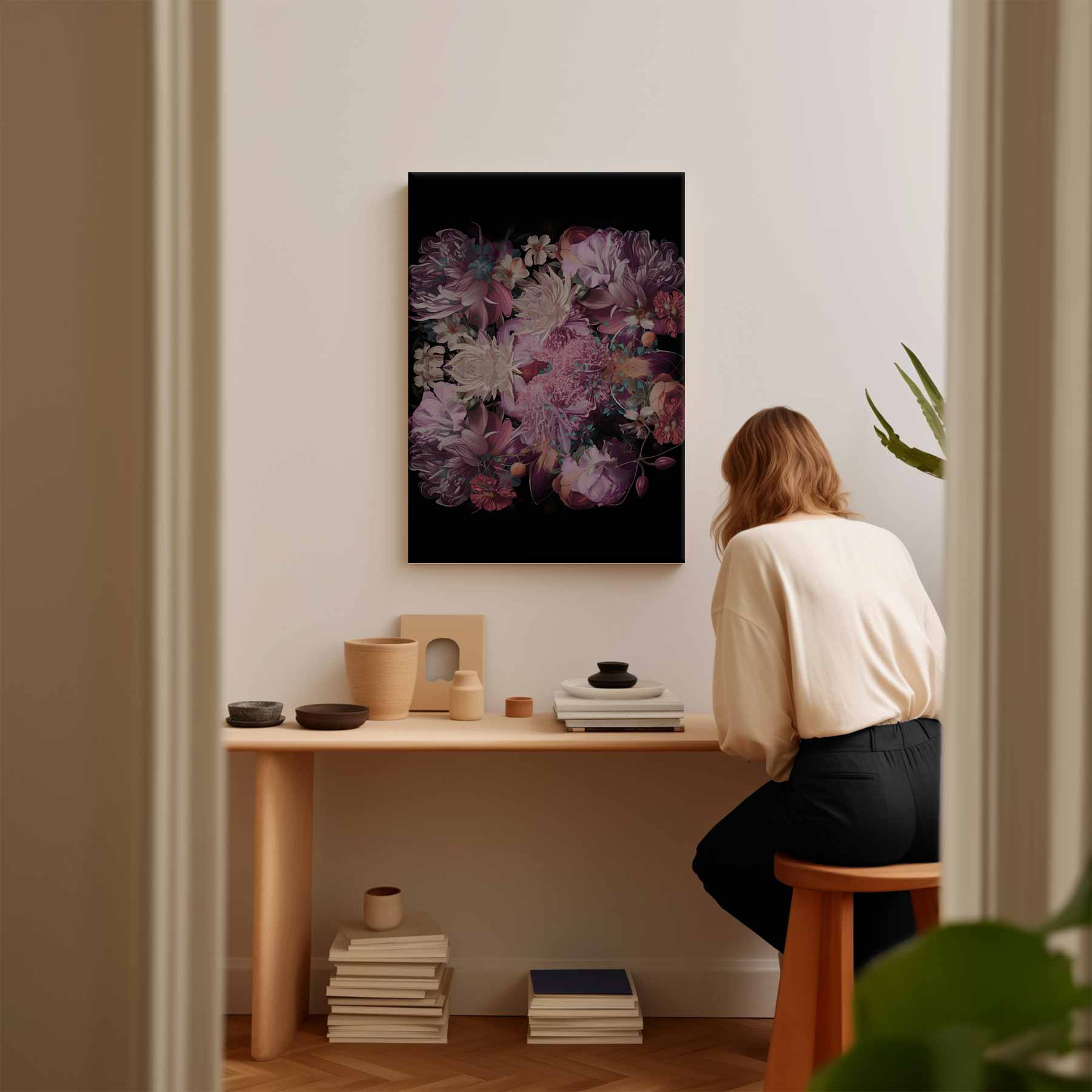 Bloemenpracht op Zwart Kunstwerk-canvas-dibond-plexiglas-wanddecoratie-WallArtistic