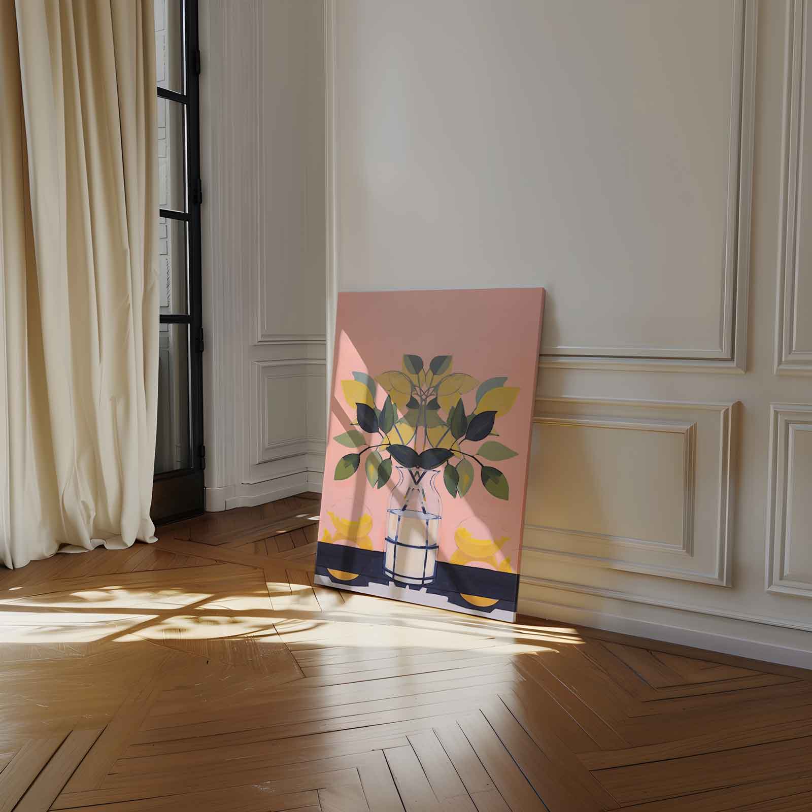 Vrolijke Vaas met Bladeren Kunstwerk-canvas-dibond-plexiglas-wanddecoratie-WallArtistic