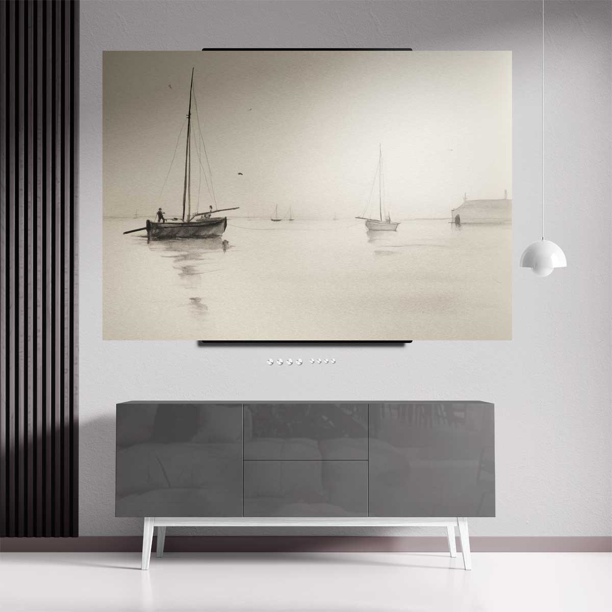 Rustige Zeilboten op Mistige Zee Kunstwerk-canvas-dibond-plexiglas-wanddecoratie-WallArtistic