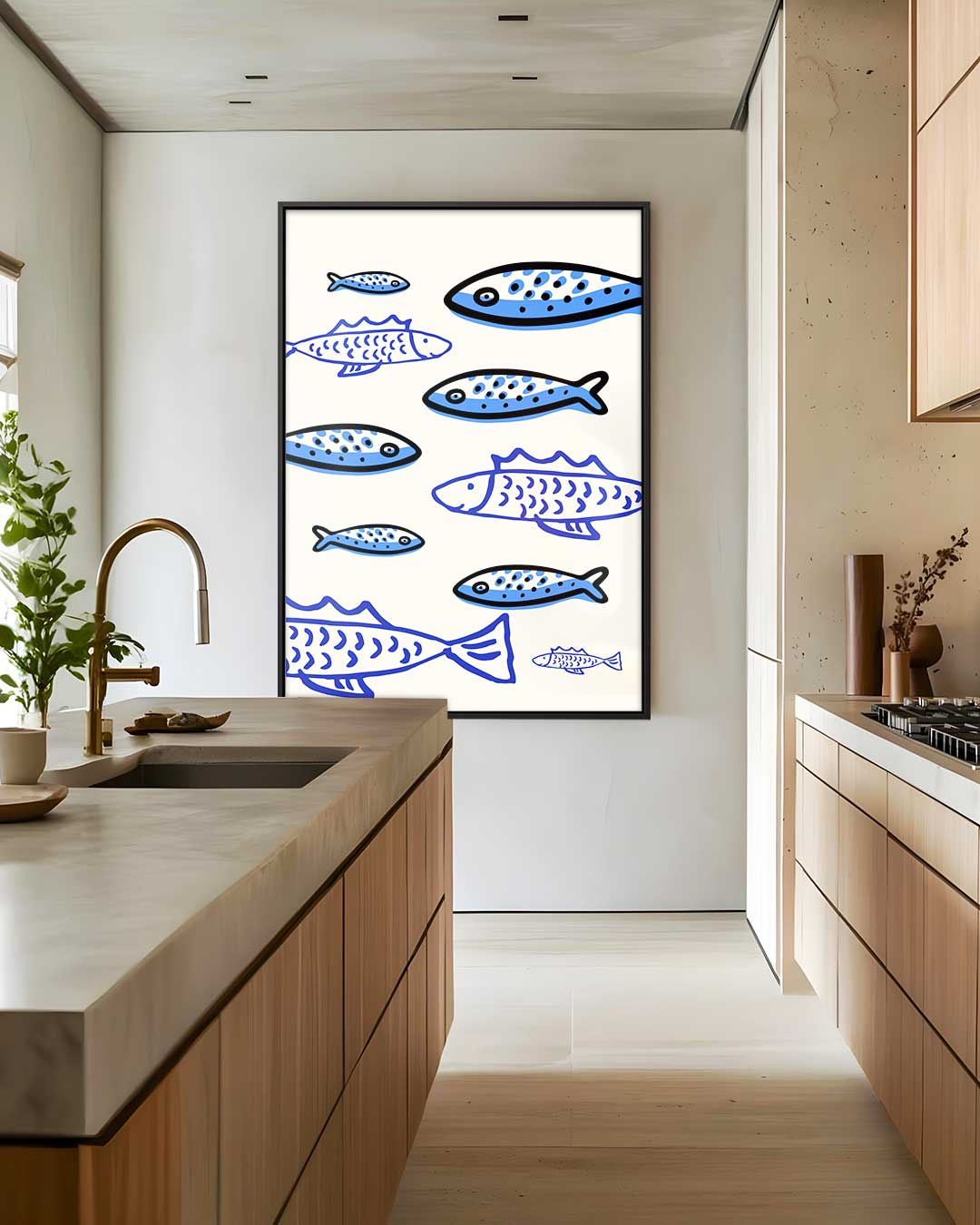 Speelse Blauw Visjes Kunstwerk-canvas-dibond-plexiglas-wanddecoratie-WallArtistic