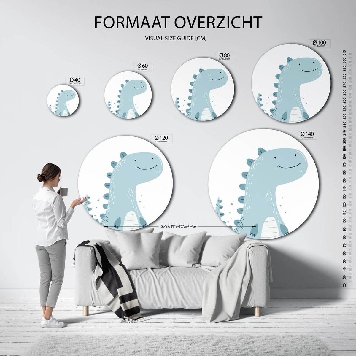 Blauwe dinosaurus Muurcirkel – extra productweergave – Een vriendelijke blauwe dinosaurus met een glimlach en schubben op