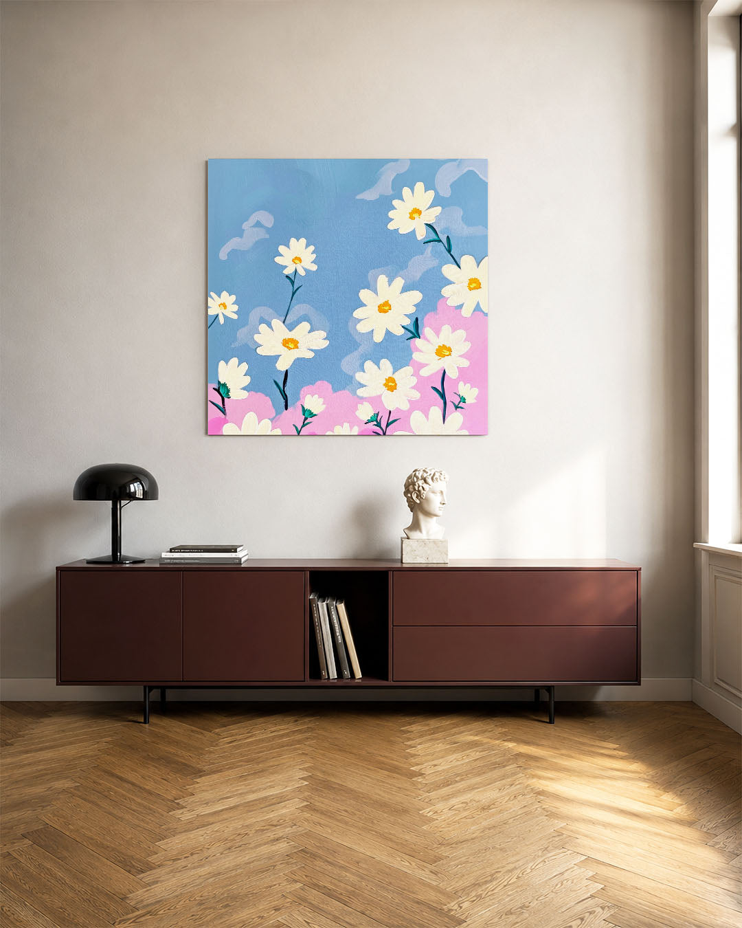 Bloemen in blauwe lucht Kunstwerk