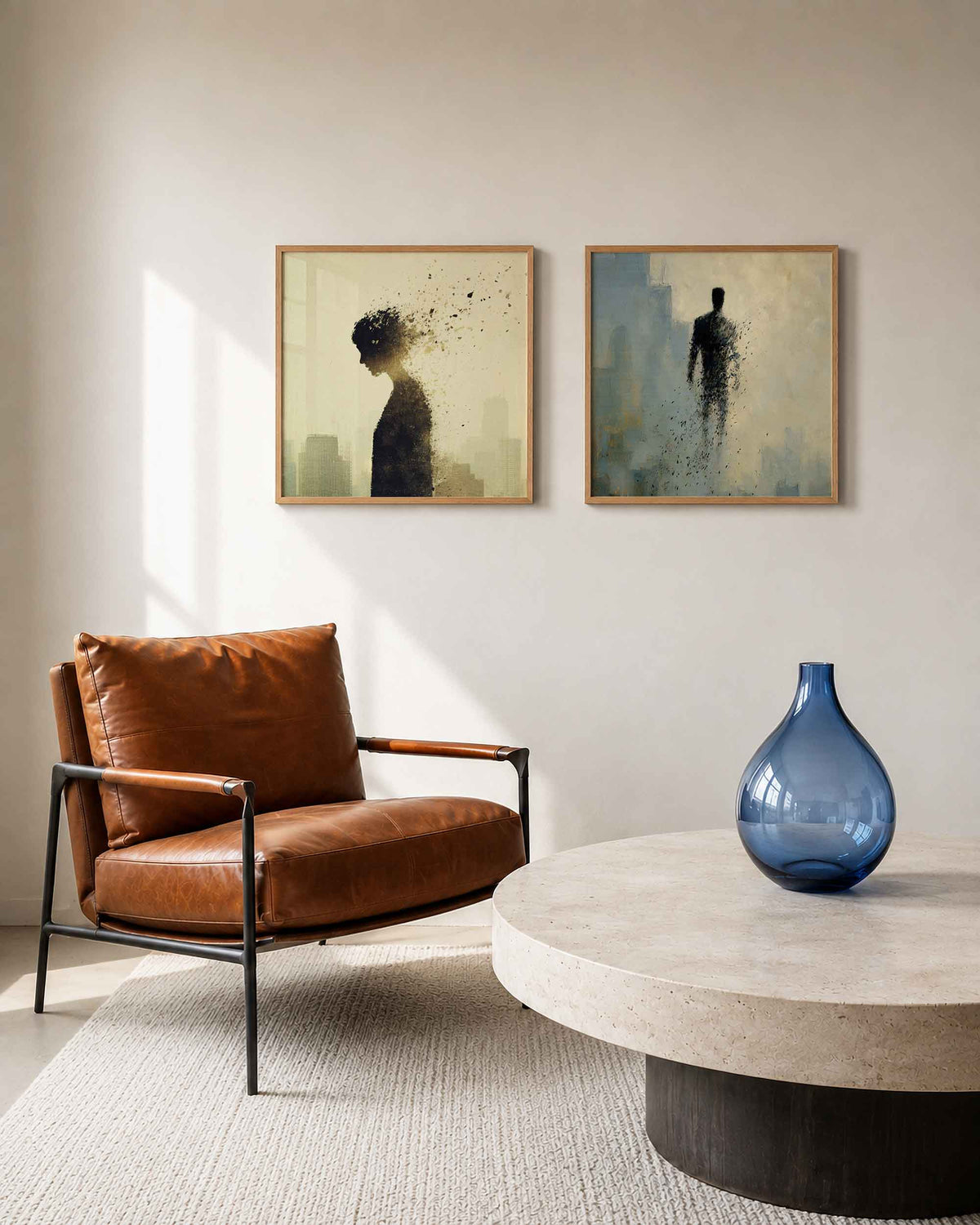 Interieurpresentatie van een tweedelige vierkante posterset met silhouetten in beweging