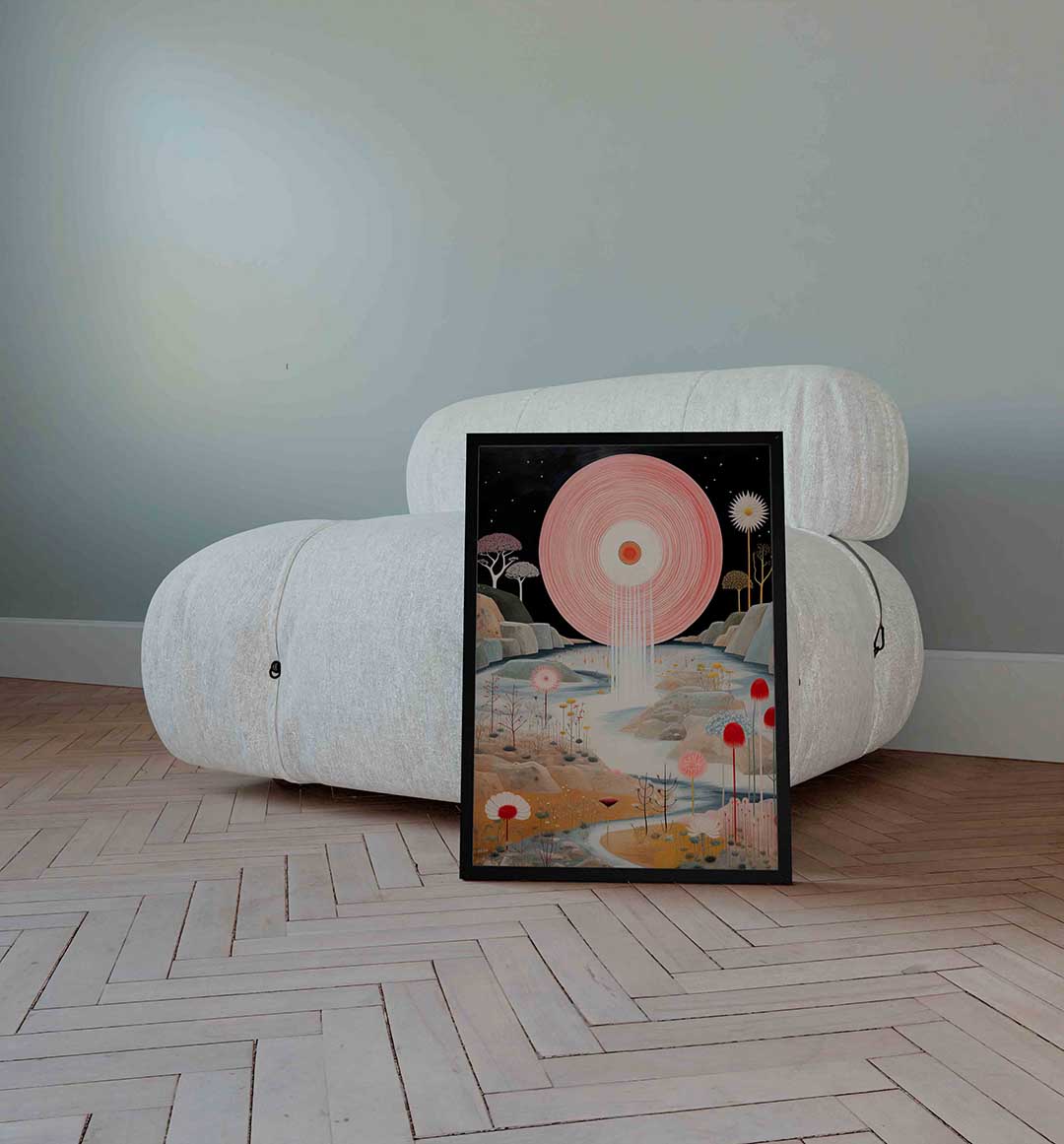 Landschap met grote roze cirkel Poster