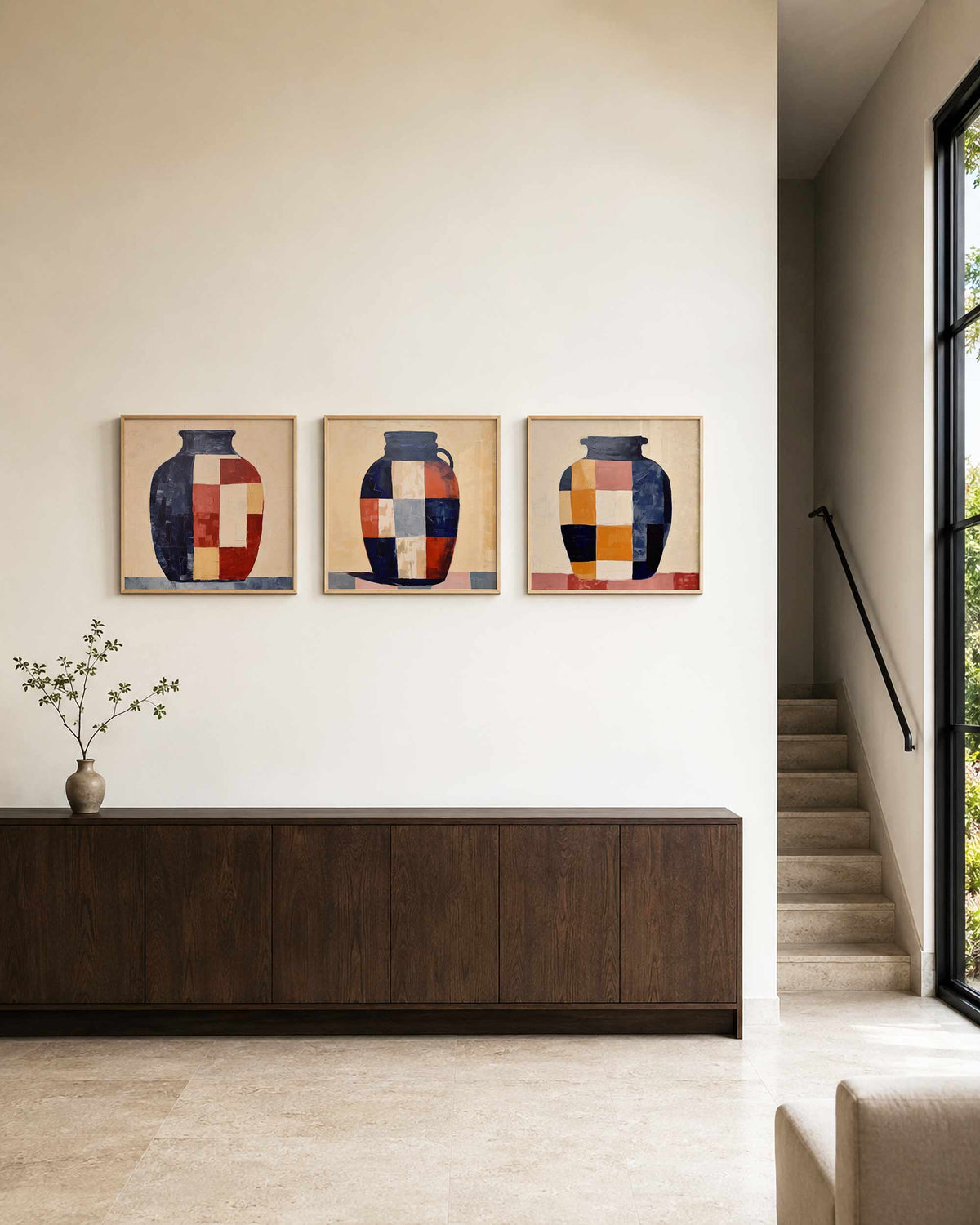 Interieurpresentatie van een driedelige vierkante posterset met abstracte kannen