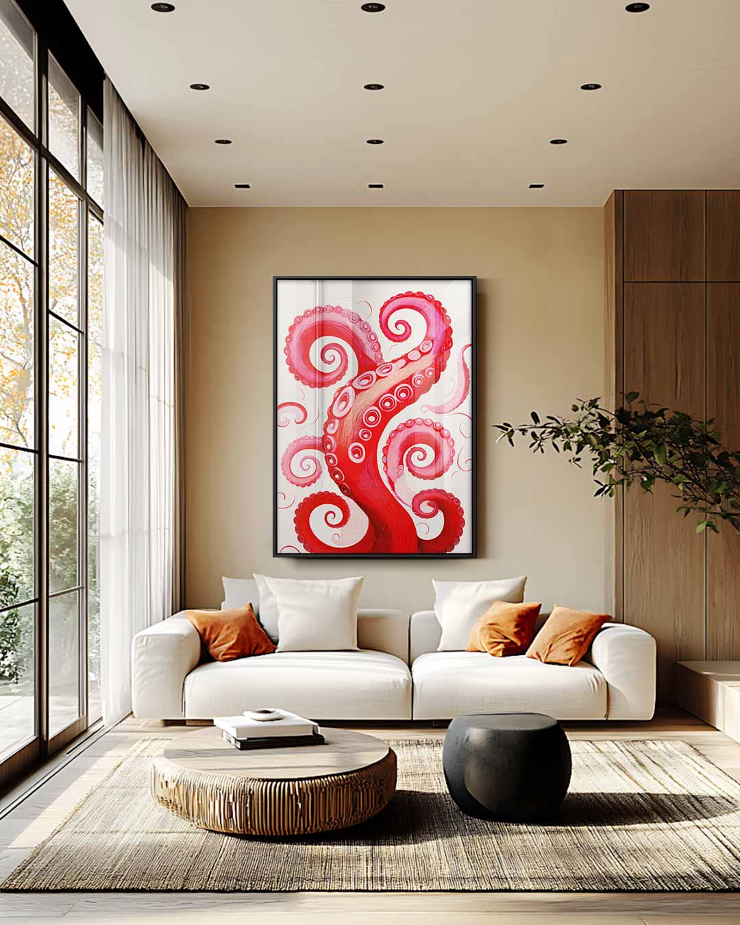 Rode Octopus Tentakel Illusie Kunstwerk-canvas-dibond-plexiglas-wanddecoratie-WallArtistic