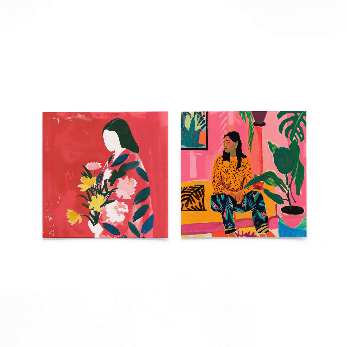 Twee vierkante posters met bloemen en vrouw op een gebroken witte achtergrond