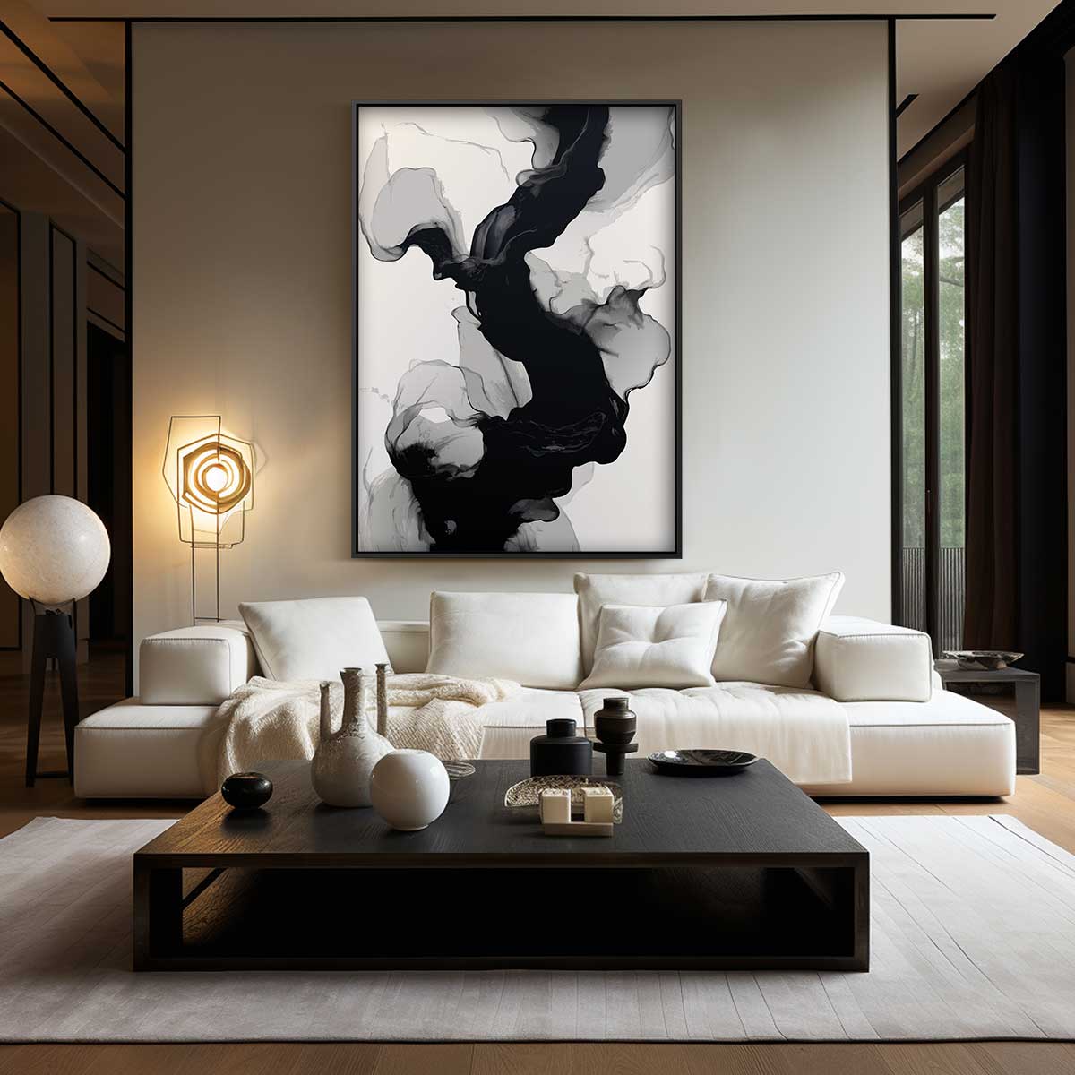 Golvende Zwart-Witte Abstractie Kunstwerk-canvas-dibond-plexiglas-wanddecoratie-WallArtistic