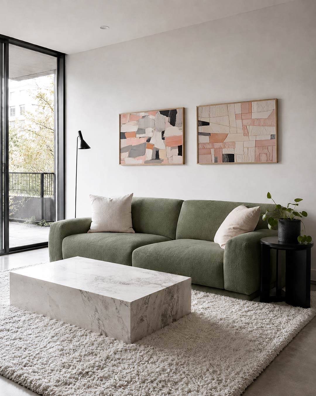Tweedelige posterset met rechthoekige kleurvlakken in zachte tinten roze, grijs, zwart en wit, getoond in een interieur