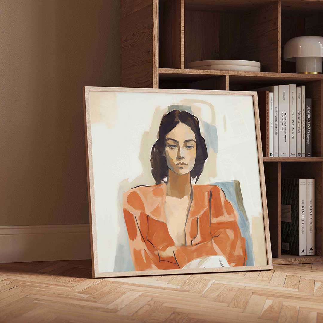 Vrouw in oranje kleding Poster