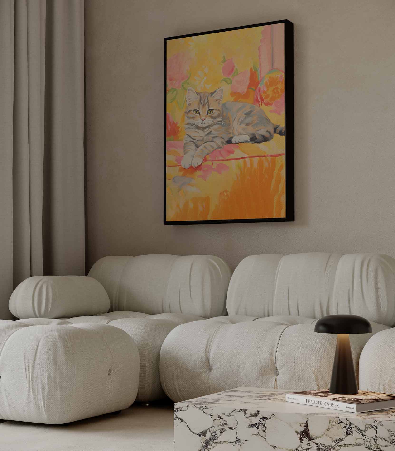 Zomerse Kat in Bloemen Kunstwerk-canvas-dibond-plexiglas-wanddecoratie-WallArtistic