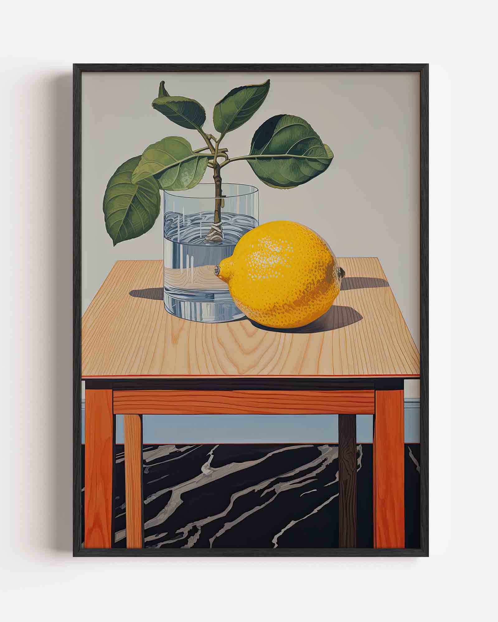 Citroen en plant op tafel Poster
