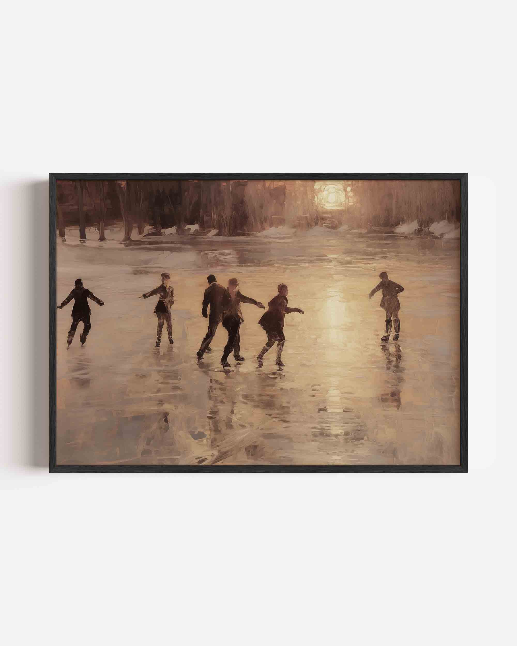 Schaatsers bij zonsondergang Poster