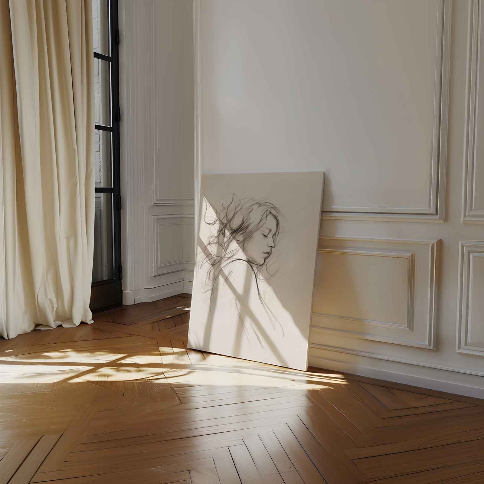Dromerige Schets van Vrouwelijk Portret Kunstwerk-canvas-dibond-plexiglas-wanddecoratie-WallArtistic