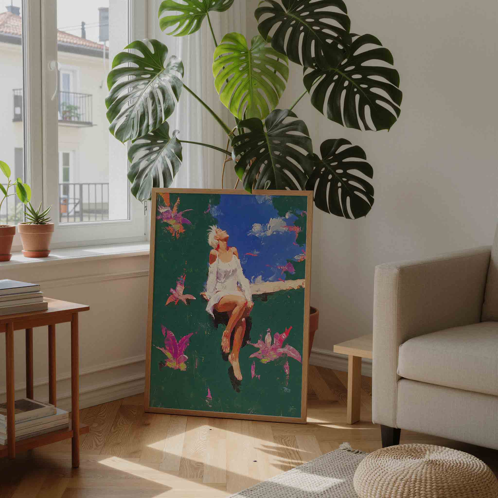 Vrouw in witte jurk Poster