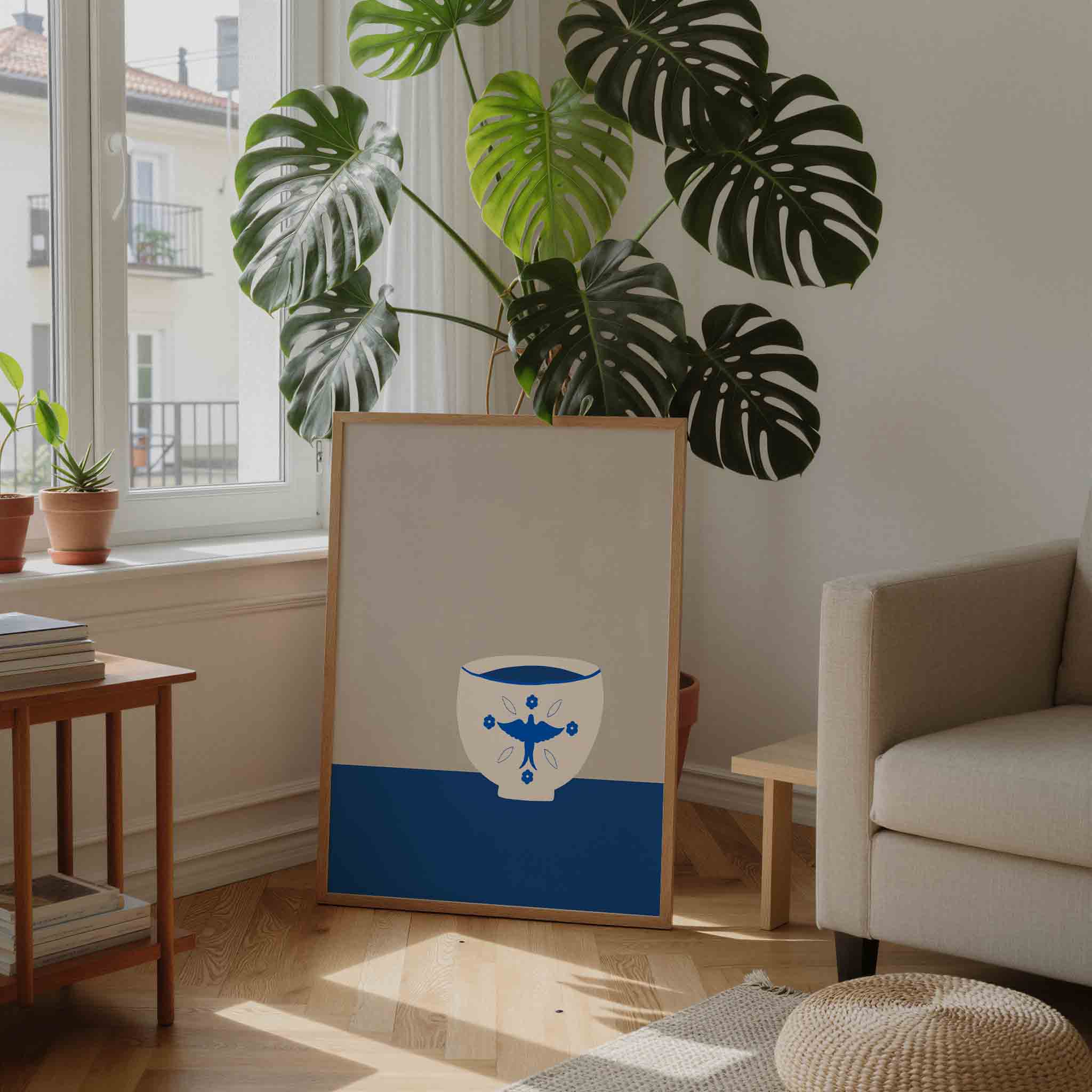 Witte kom met blauwe vogel Poster