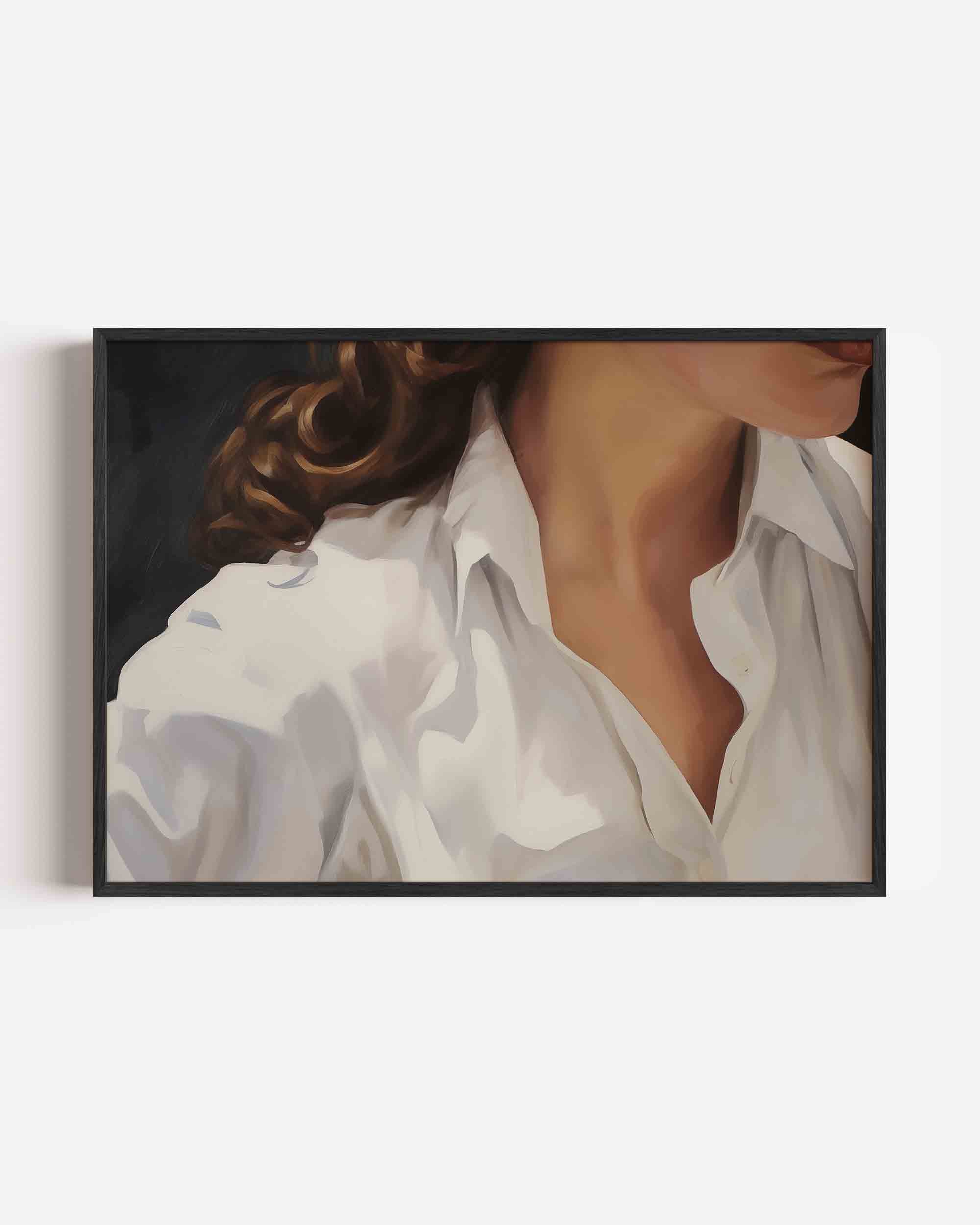 Witte blouse en krullend haar Poster