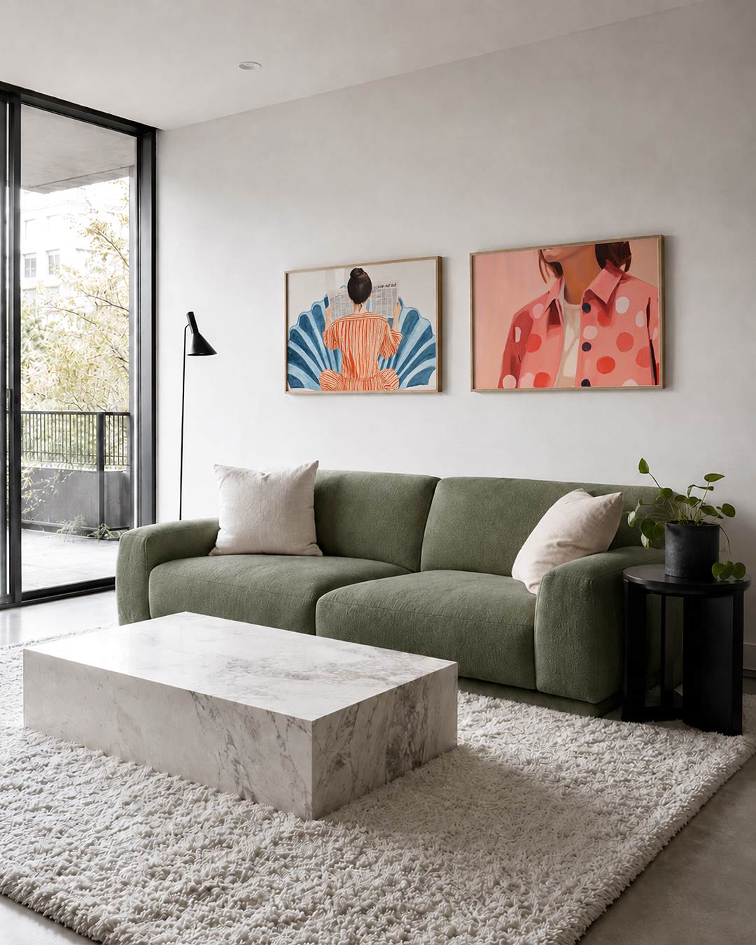Tweedelige posterset met een vrouw in een gestreepte oranje jurk met een krant, getoond in een interieur