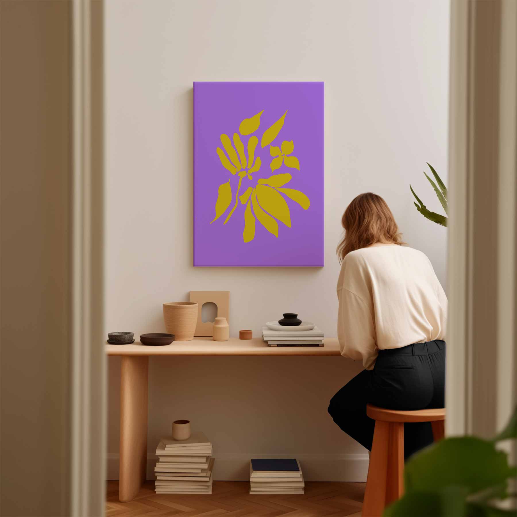 Bloemenenexplosie in Geel en Paars Kunstwerk-canvas-dibond-plexiglas-wanddecoratie-WallArtistic