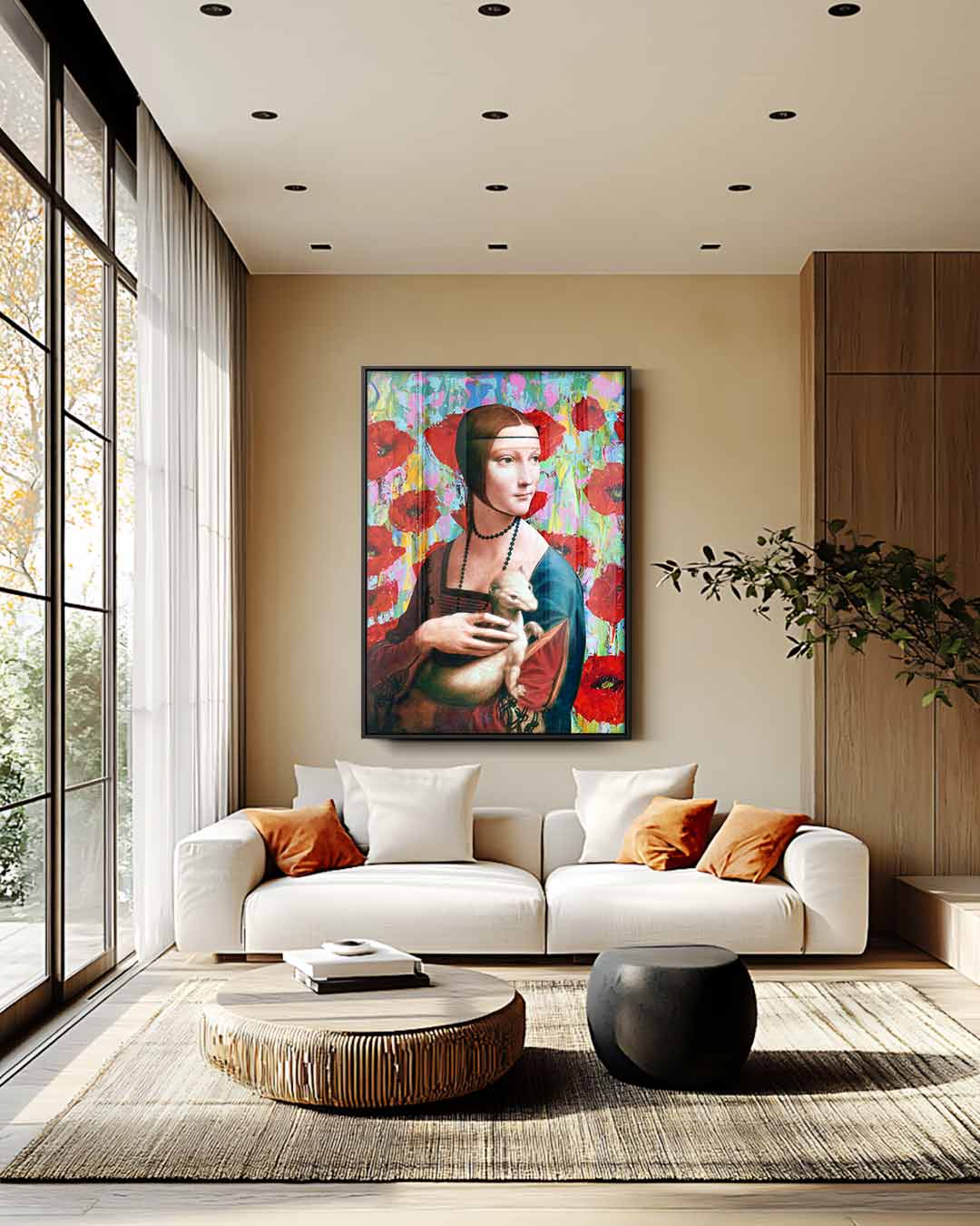 Vrouw met Wezel en Rode Bloemen Kunstwerk-canvas-dibond-plexiglas-wanddecoratie-WallArtistic