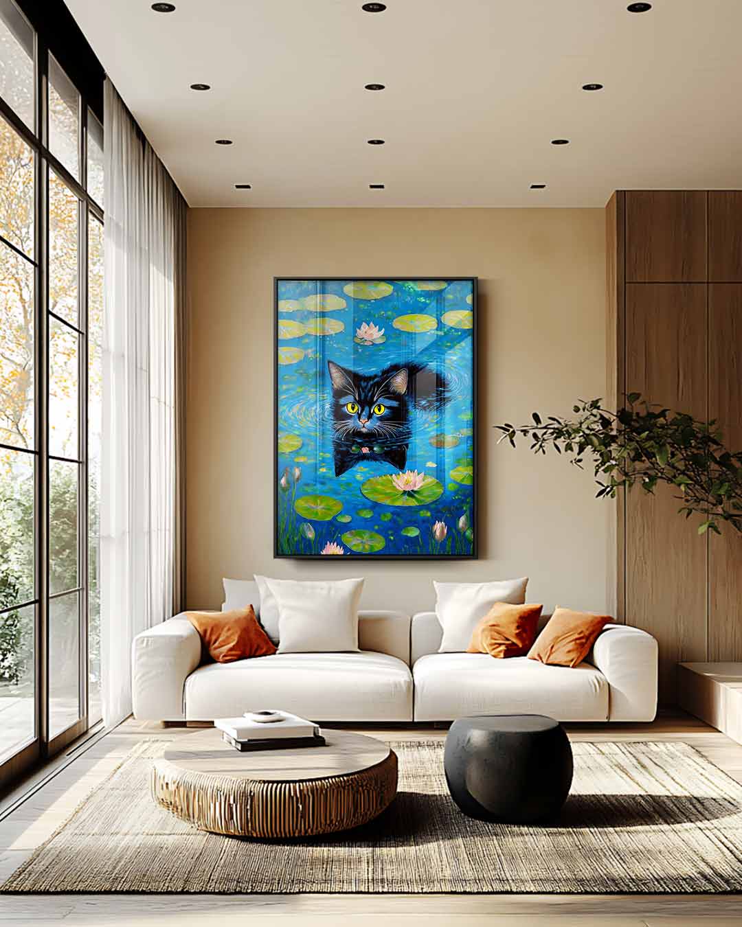 Zwemmende Kat in Watertuin Kunstwerk-canvas-dibond-plexiglas-wanddecoratie-WallArtistic