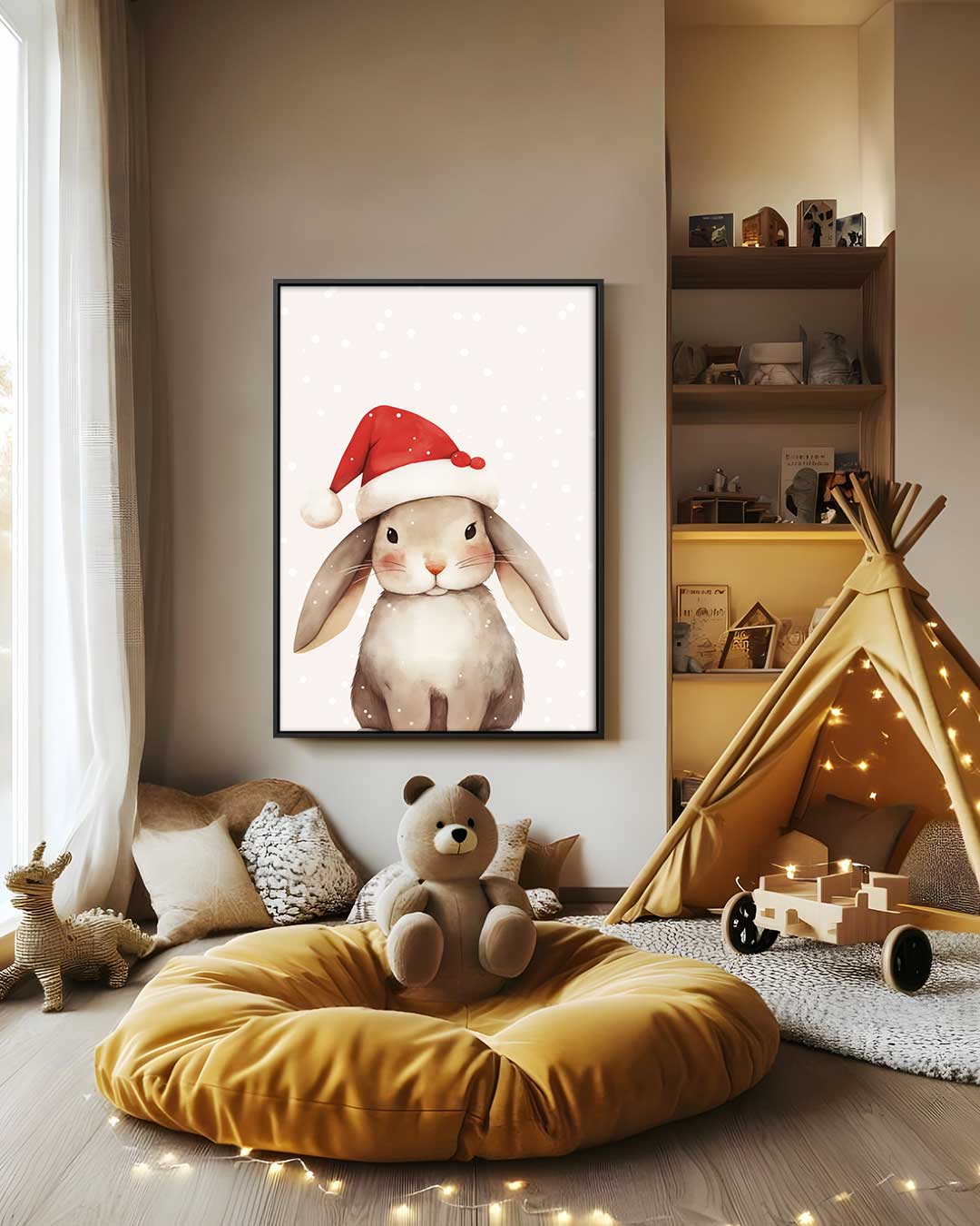 Kerstkonijn met Rood Mutsje Kunstwerk-canvas-dibond-plexiglas-wanddecoratie-WallArtistic