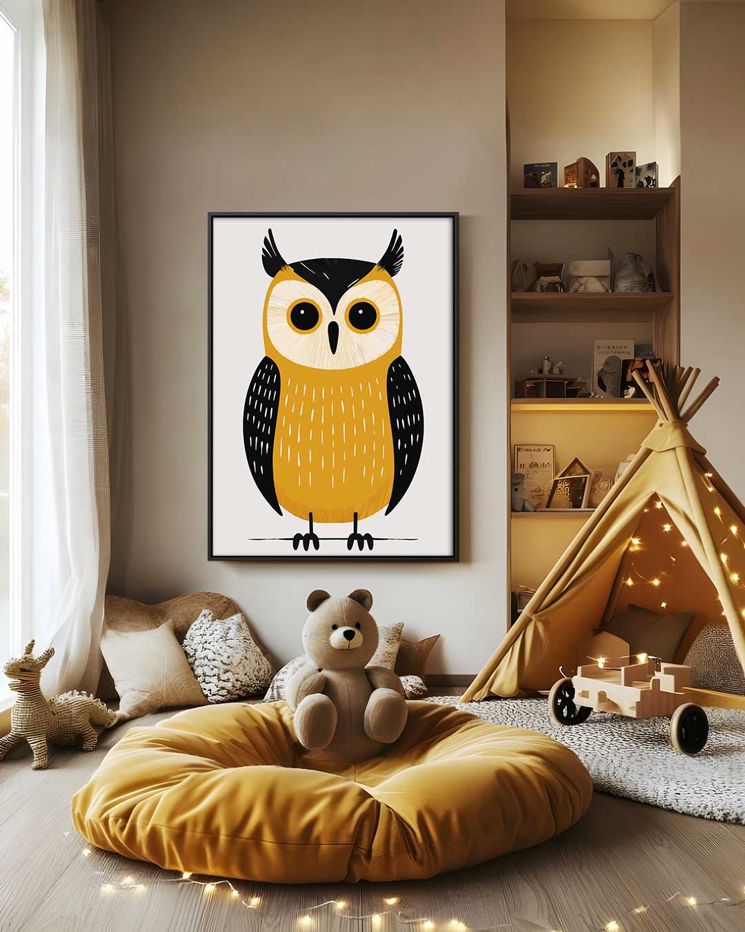 Vrolijke uil illustratie Kunstwerk-canvas-dibond-plexiglas-wanddecoratie-WallArtistic