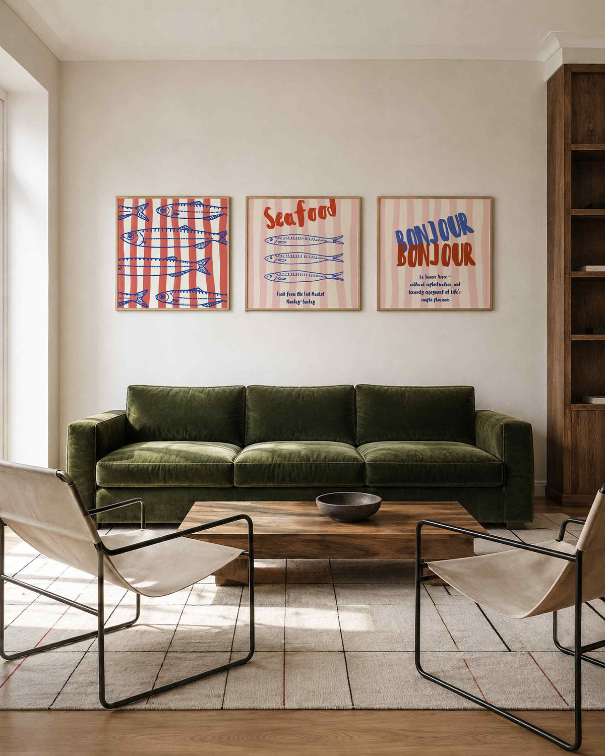 Interieurpresentatie van een driedelige vierkante posterset met vissen en bon jovi