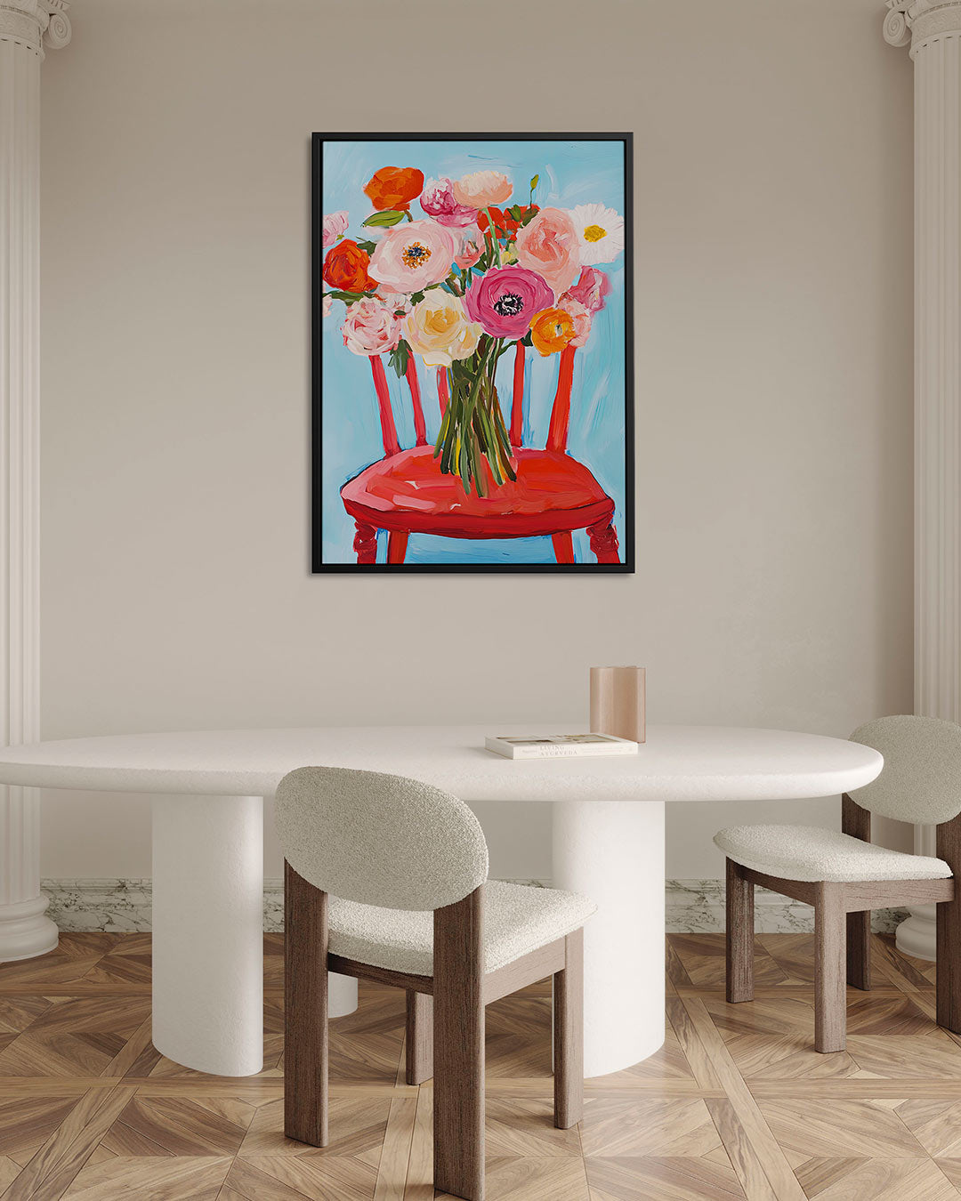 Bloemen op stoel Kunstwerk