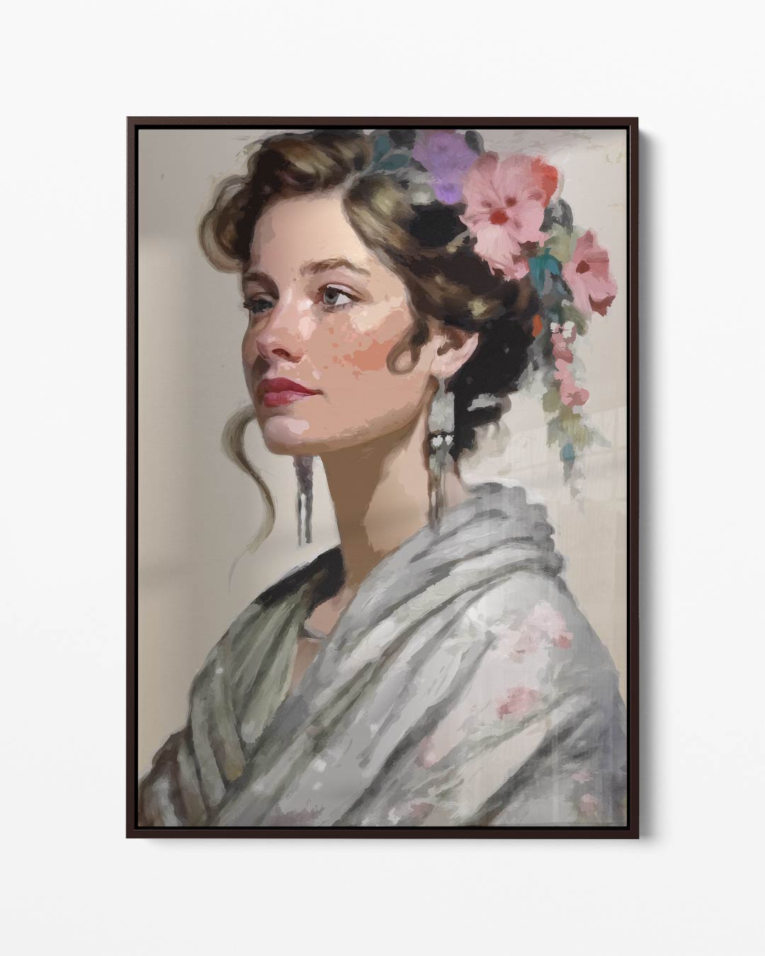 Elegant Portret van een Vrouw met Bloemen Kunstwerk-canvas-dibond-plexiglas-wanddecoratie-WallArtistic
