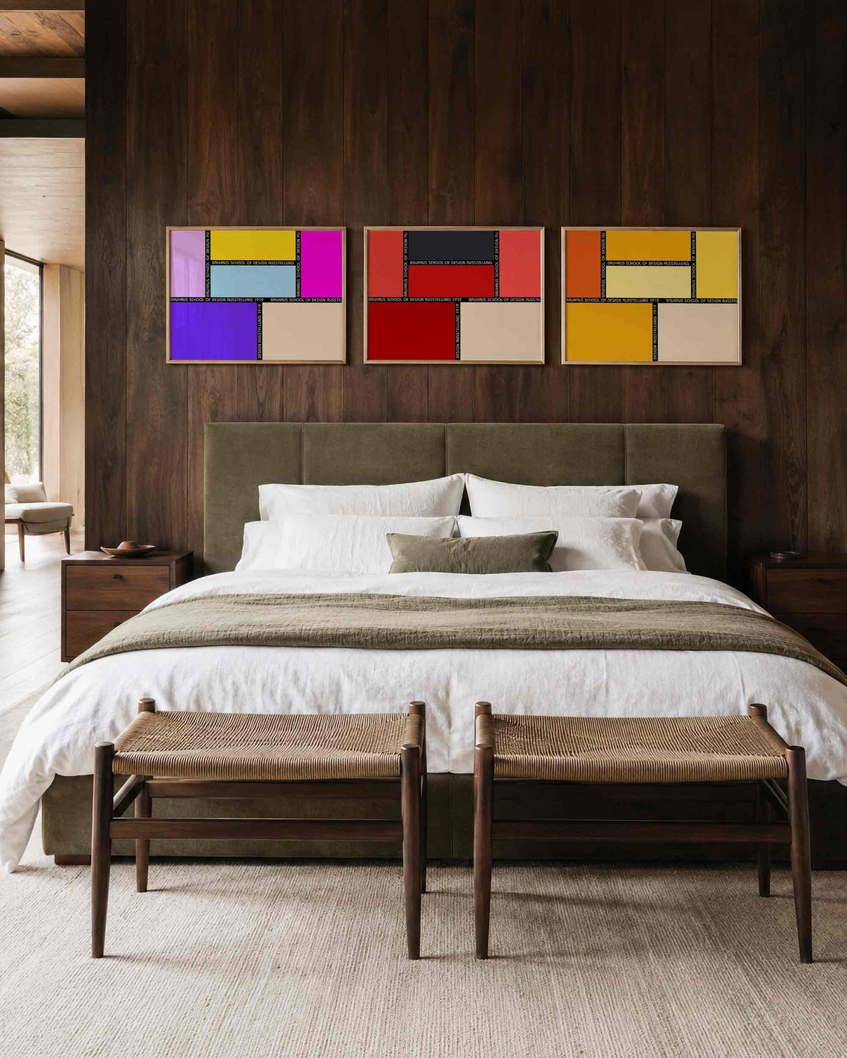 Interieurmockup van drieluik landscape-posterset met kleurvlakken met letters